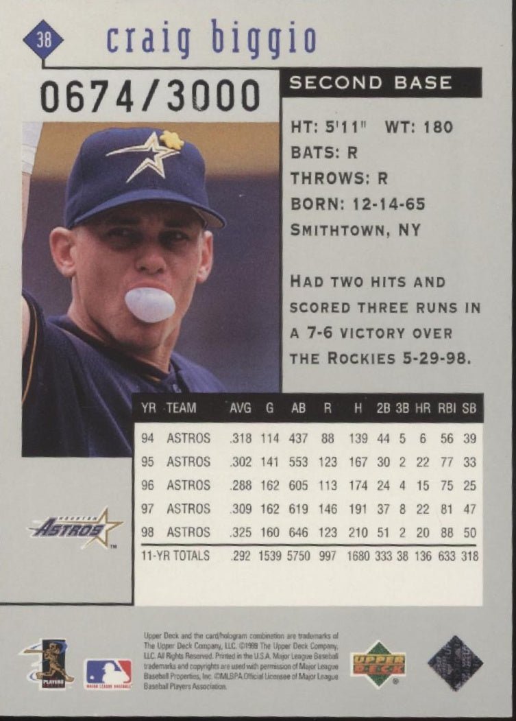Craig Biggio 1999 Upper Deck Black Diamond 0674/3000 #38 - Collector Store LLC