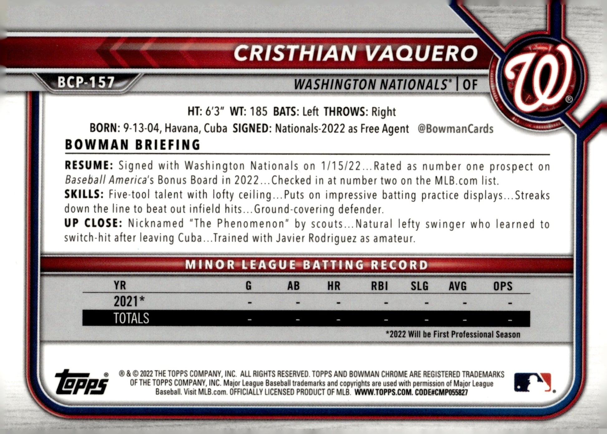 Cristhian Vaquero 2022 Bowman Chrome Prospects BCP - 157 - Collector Store LLC