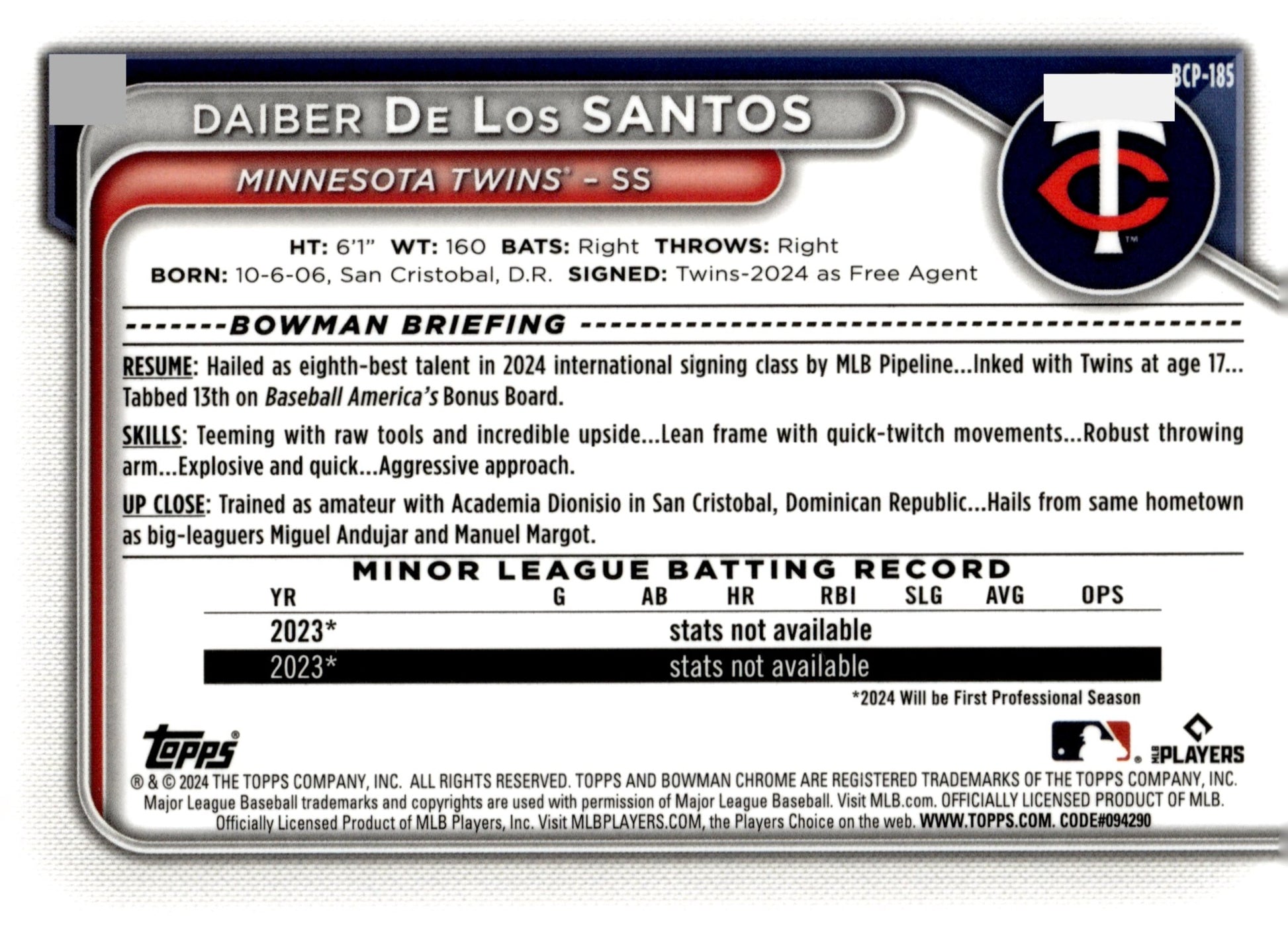 Daiber De Los Santos 2024 Bowman Chrome Mojo Refractor #BCP - 185 #1 - Collector Store LLC