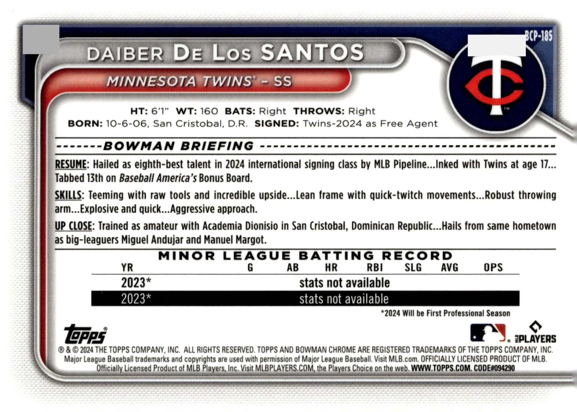 Daiber De Los Santos 2024 Bowman Chrome Mojo Refractor #BCP - 185 #2 - Collector Store LLC
