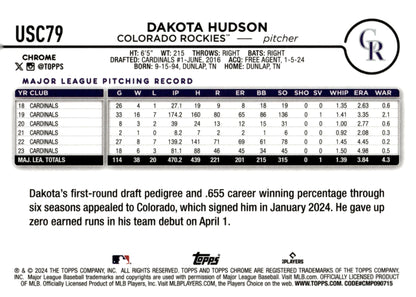 Dakota Hudson 2024 Topps Chrome Purple Refractor 138/250 USC79 - Collector Store LLC