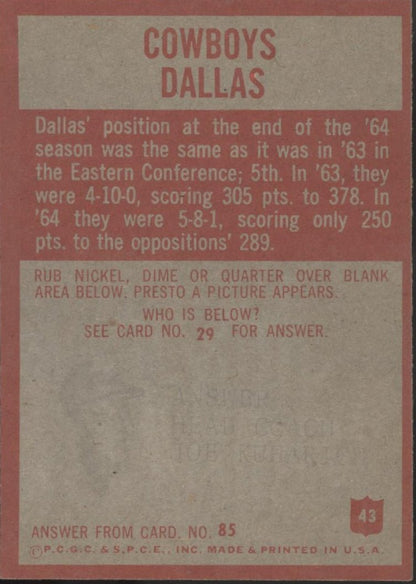 Dallas Cowboys 1965 Philadelphia Team Card #43 EX - NM - Collector Store LLC