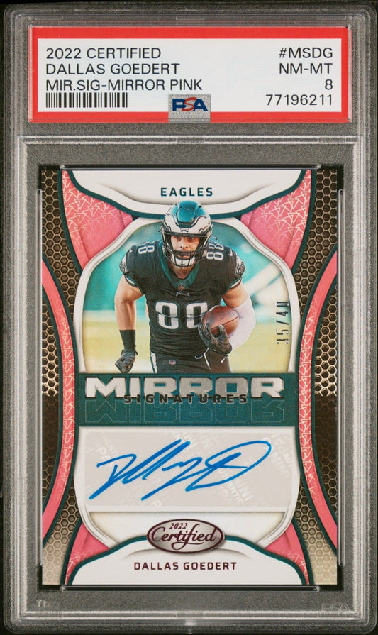 Dallas Goedert 2022 Panini Certified Mirror Signature Mirror Pink Auto /40 PSA 8 - Collector Store LLC