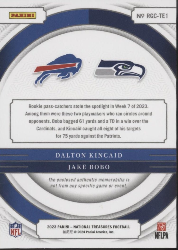 Dalton Kincaid / Jake Bobo 2023 Panini National Treasures NFL Gear Swatch RC /49 - Collector Store LLC