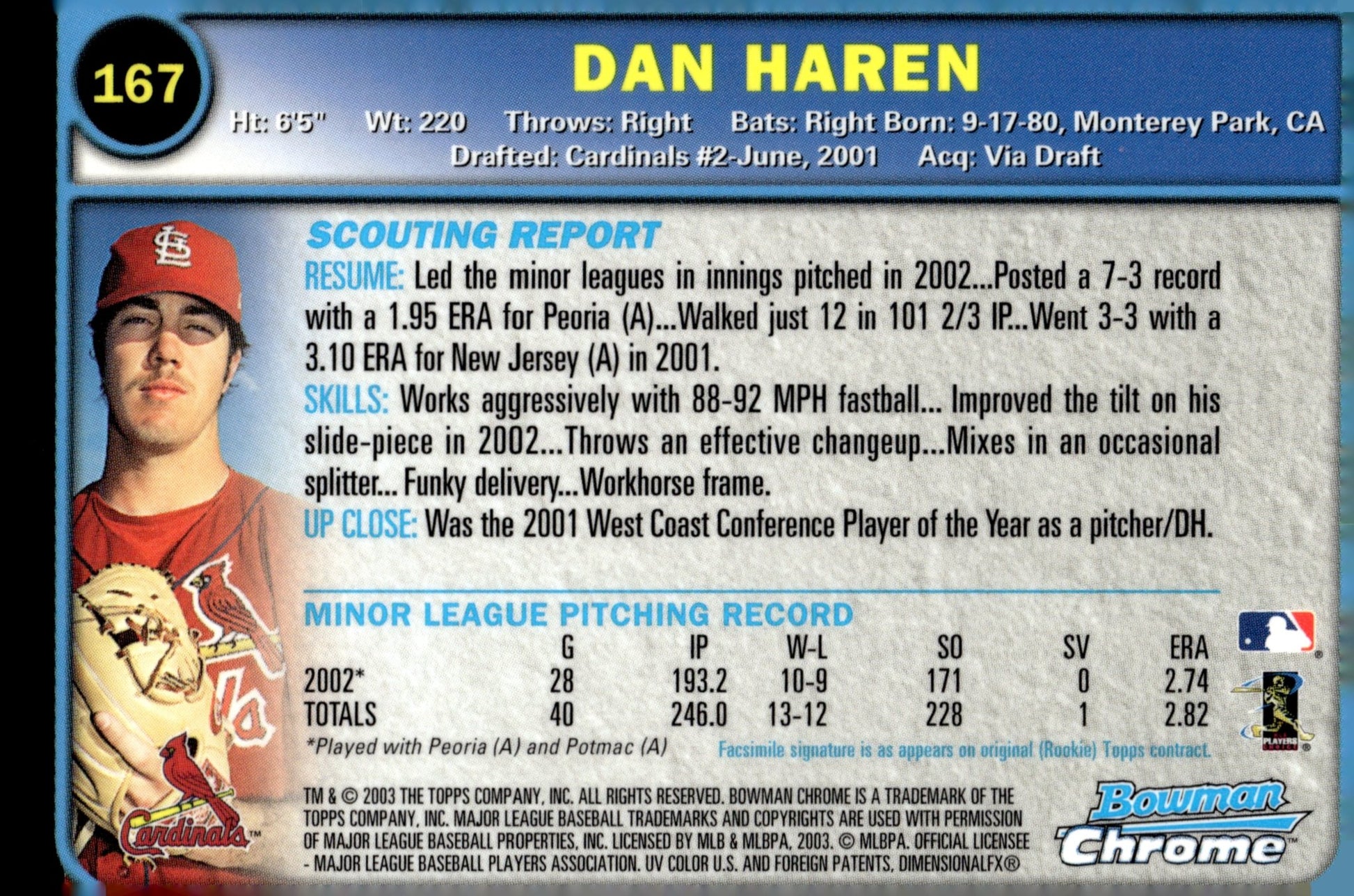 Dan Haren 2003 Bowman Chrome 1st Year 167 - Collector Store LLC