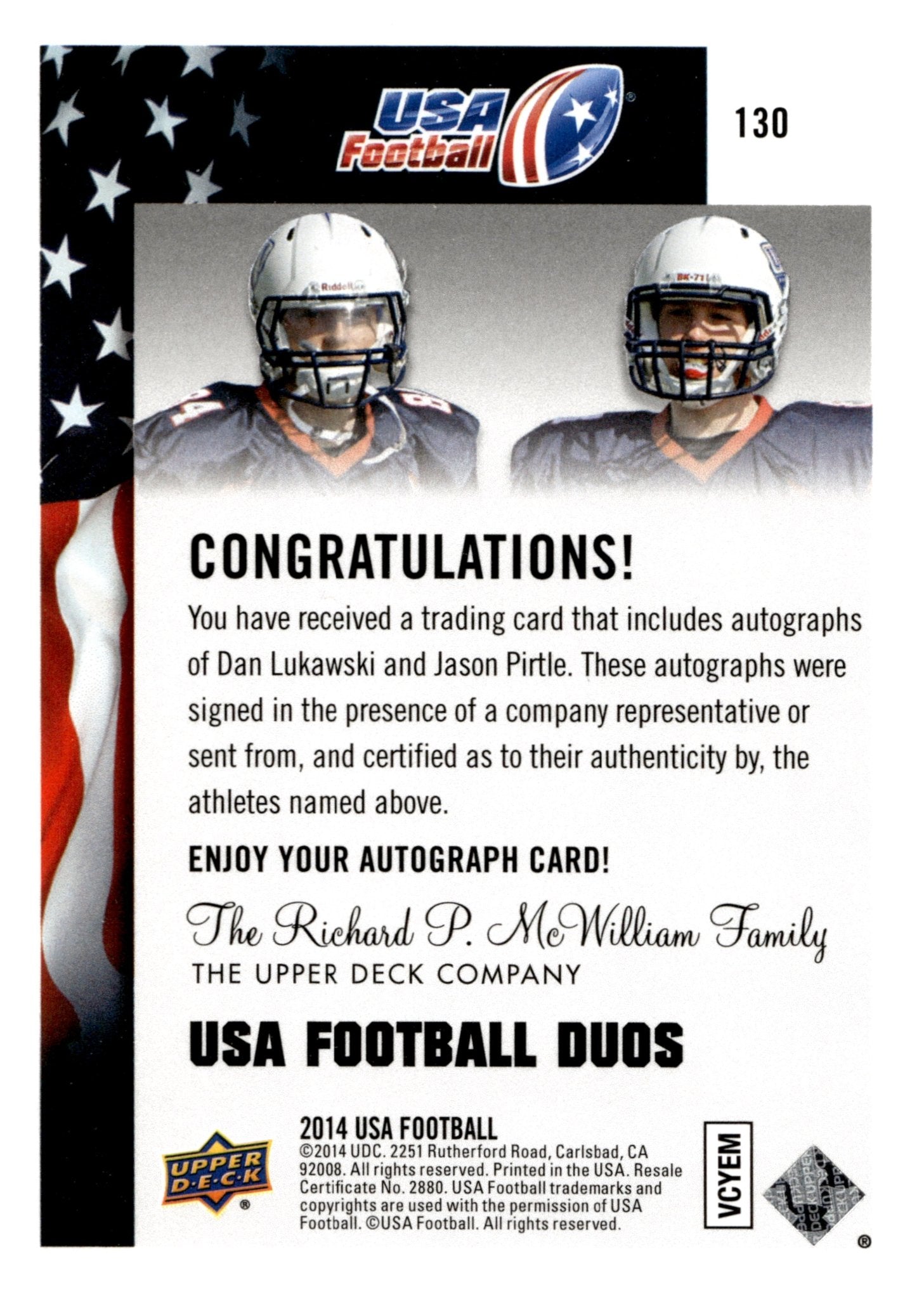 Dan Lukawski / Jason Pirtle 2014 Upper Deck USA Football Duos Autos #130 - Collector Store LLC
