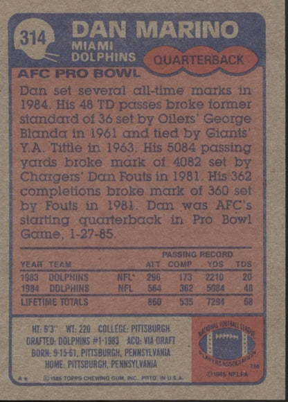 Dan Marino 1985 Topps #314 Miami Dolphins #2 - Collector Store LLC