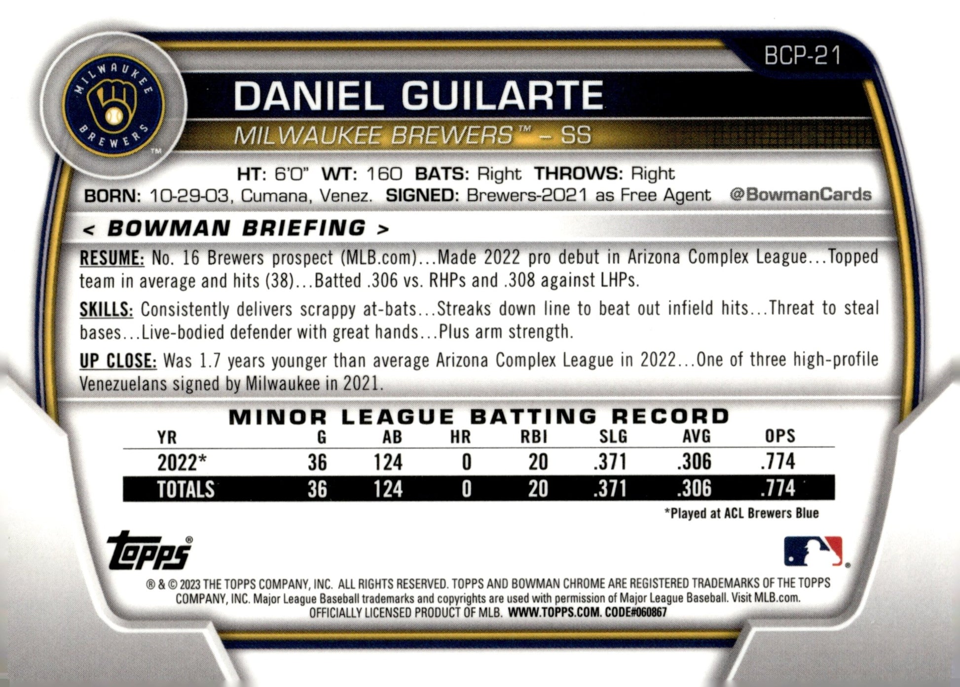 Daniel Guilarte 2023 Bowman Chrome Mojo Refractor BCP - 21 2 - Collector Store LLC