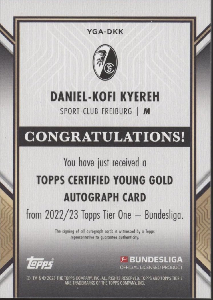 Daniel - Kofi Kyereh 2022 - 23 Topps Tier One Bundesliga Young Gold RC Auto 12/25 - Collector Store LLC