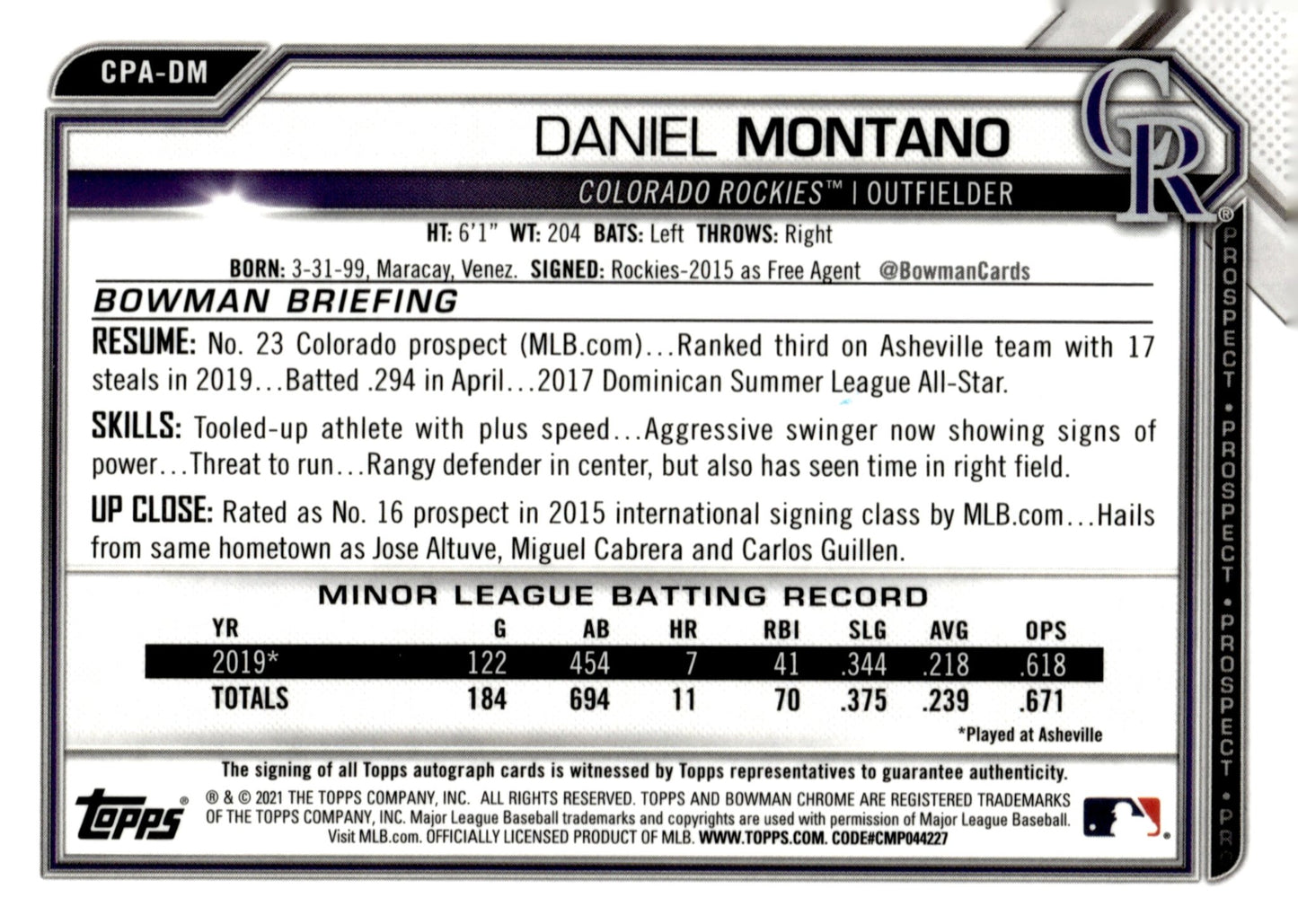 Daniel Montano 2021 Bowman Chrome Prospects Auto #CPA - DM - Collector Store LLC