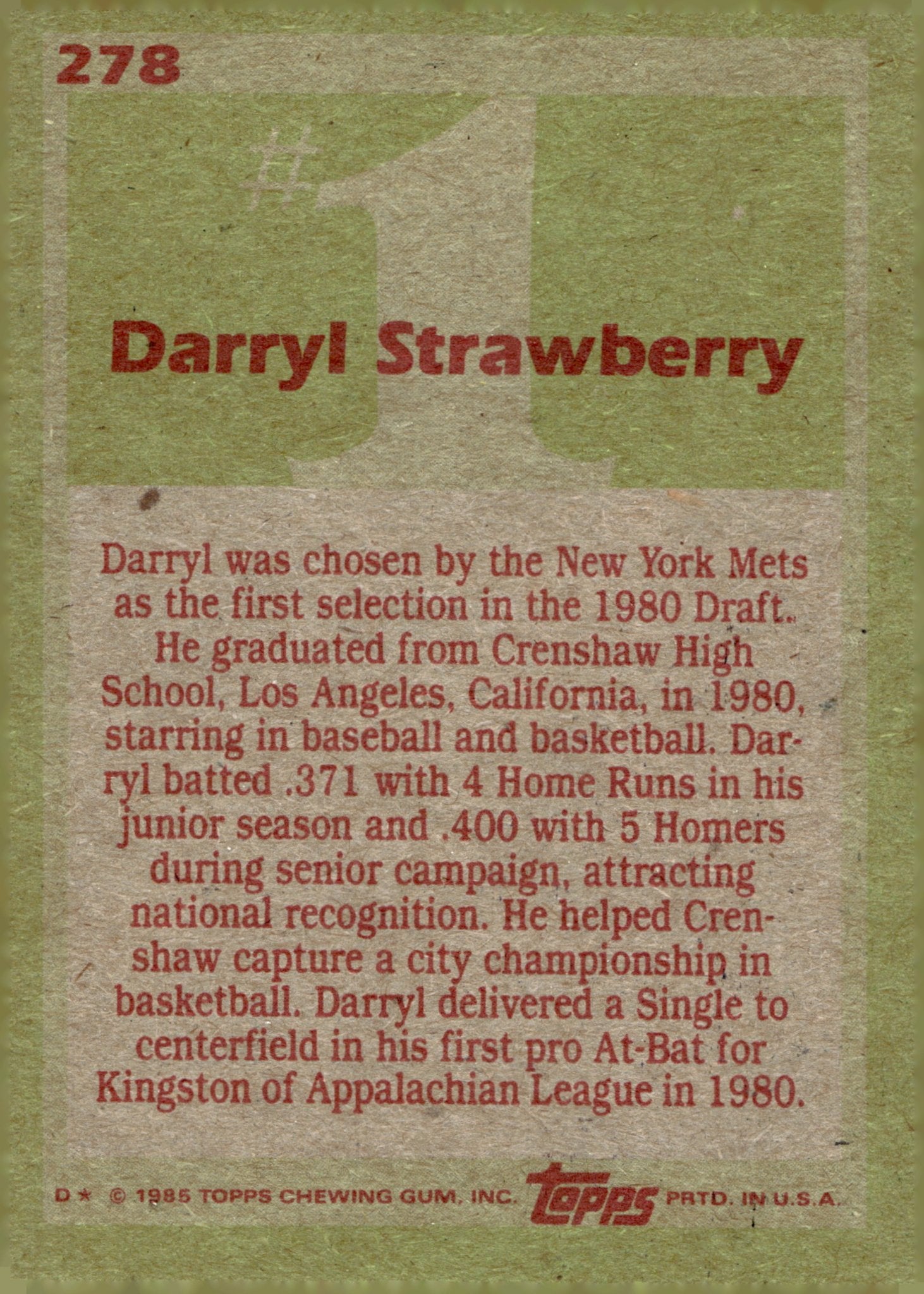 Darryl Strawberry 1985 Topps 1 Draft Pick 278 1 - Collector Store LLC