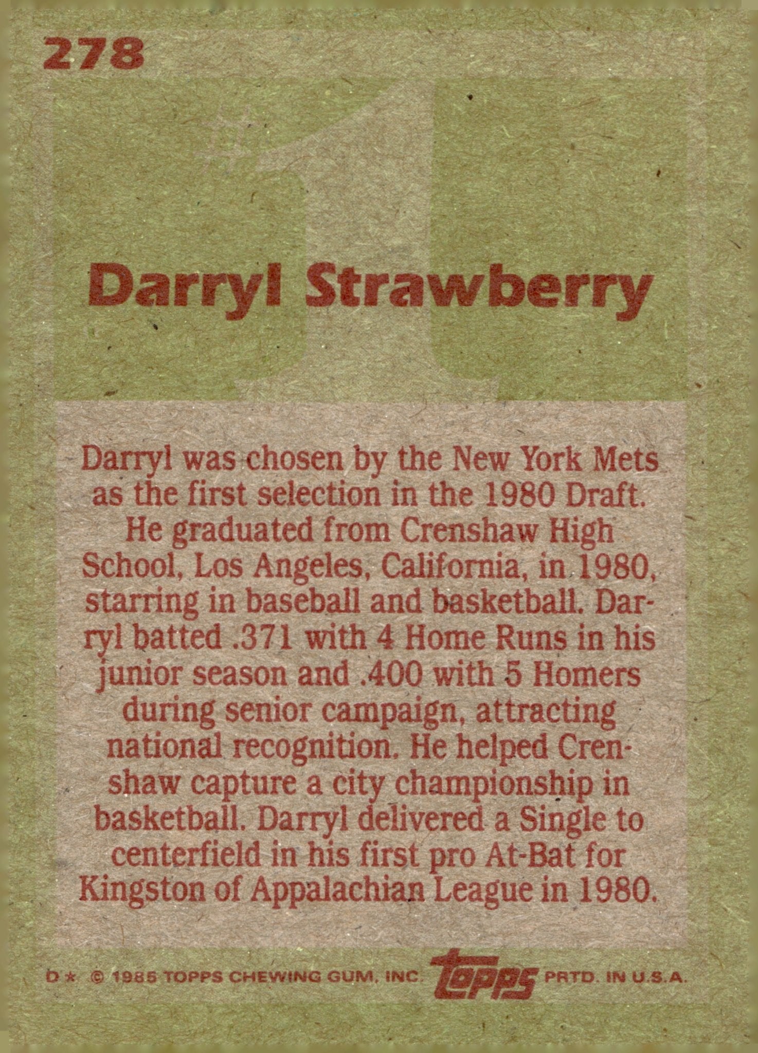 Darryl Strawberry 1985 Topps 1 Draft Pick 278 3 - Collector Store LLC