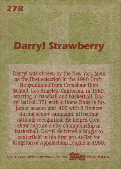 Darryl Strawberry 1985 Topps 1 Draft Pick 278 3 - Collector Store LLC