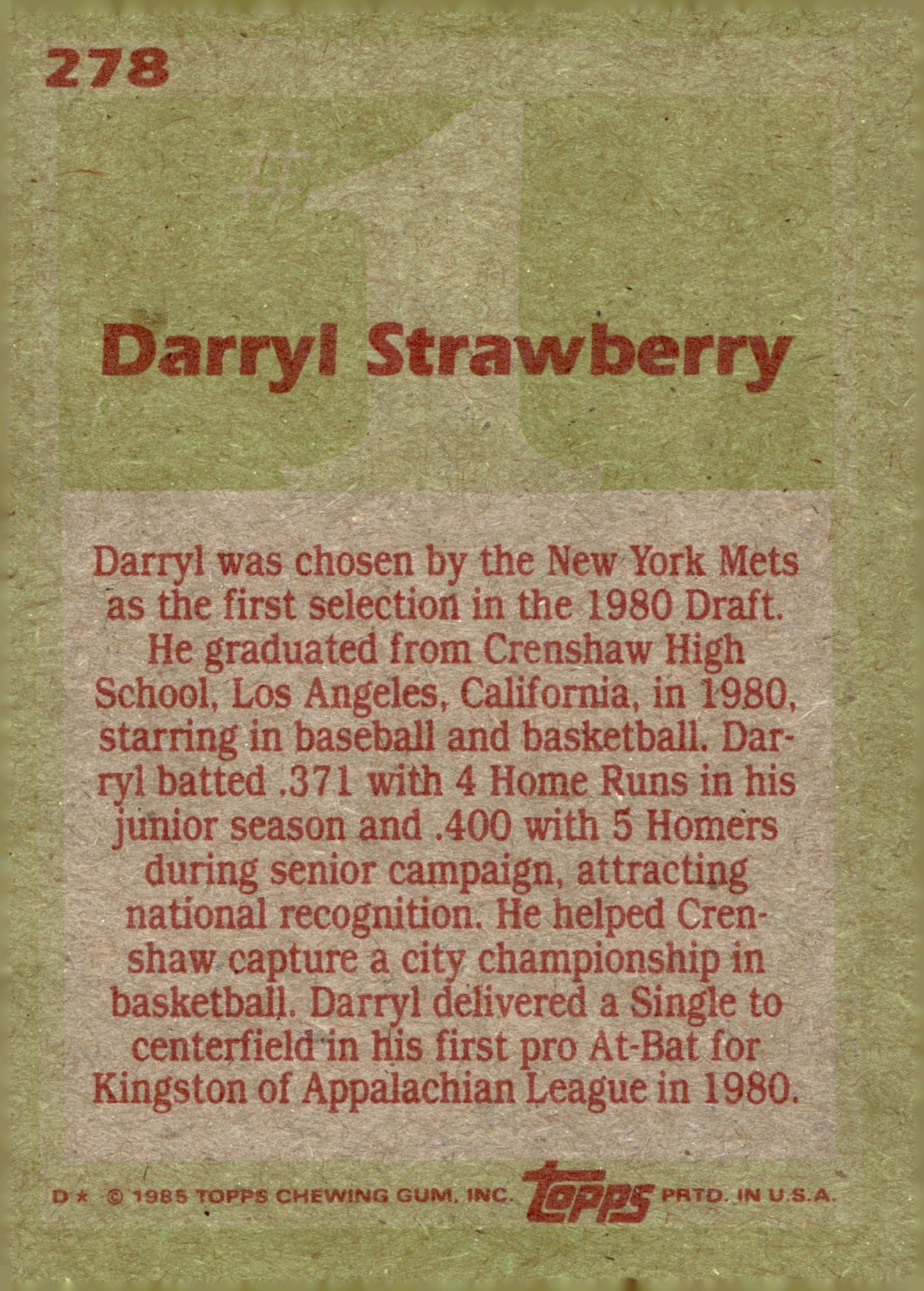 Darryl Strawberry 1985 Topps 1 Draft Pick 278 4 - Collector Store LLC