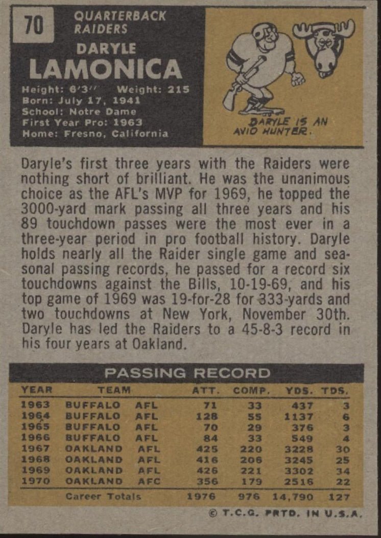 Daryle Lamonica 1971 Topps #70 Oakland Raiders EX - Collector Store LLC