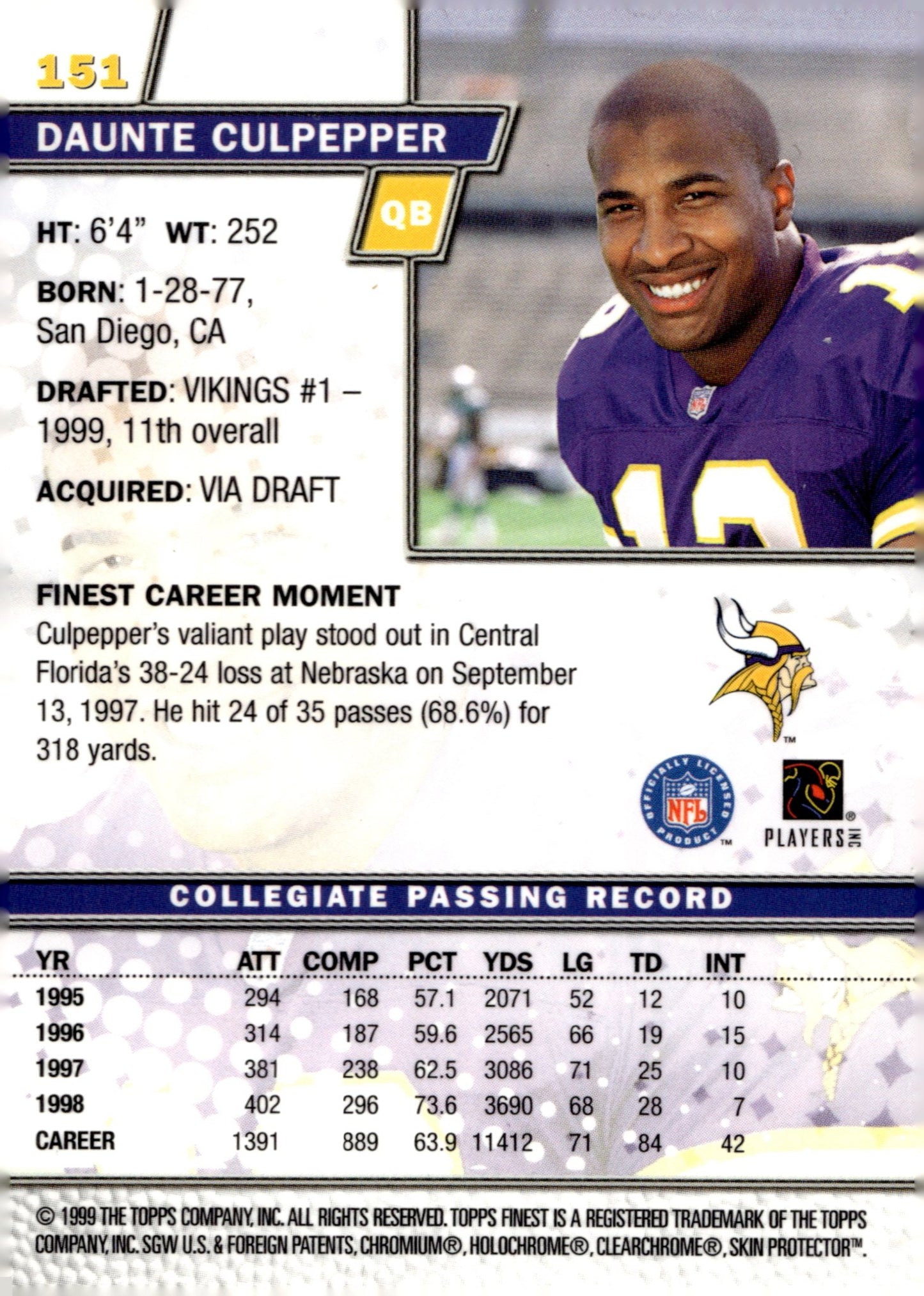 Daunte Culpepper 1999 Topps Finest RC with Coating #151 - Collector Store LLC