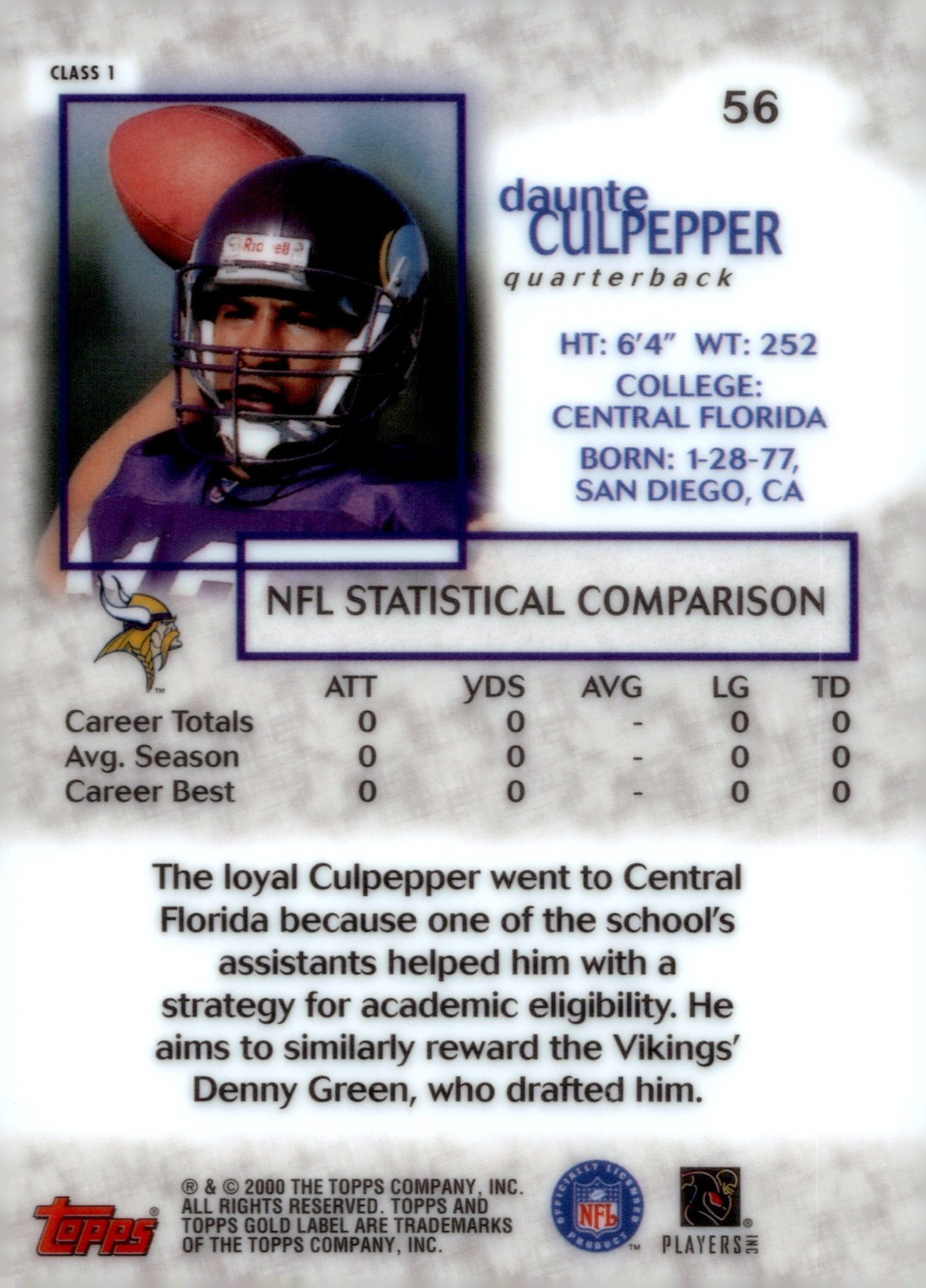 Daunte Culpepper 2000 Topps Gold Label Class 1 #56 - Collector Store LLC