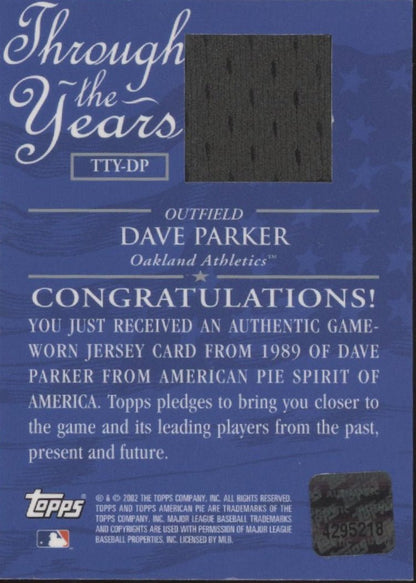 Dave Parker 2002 Topps American Pie Through the Years Swatch #TTY - DP - Collector Store LLC