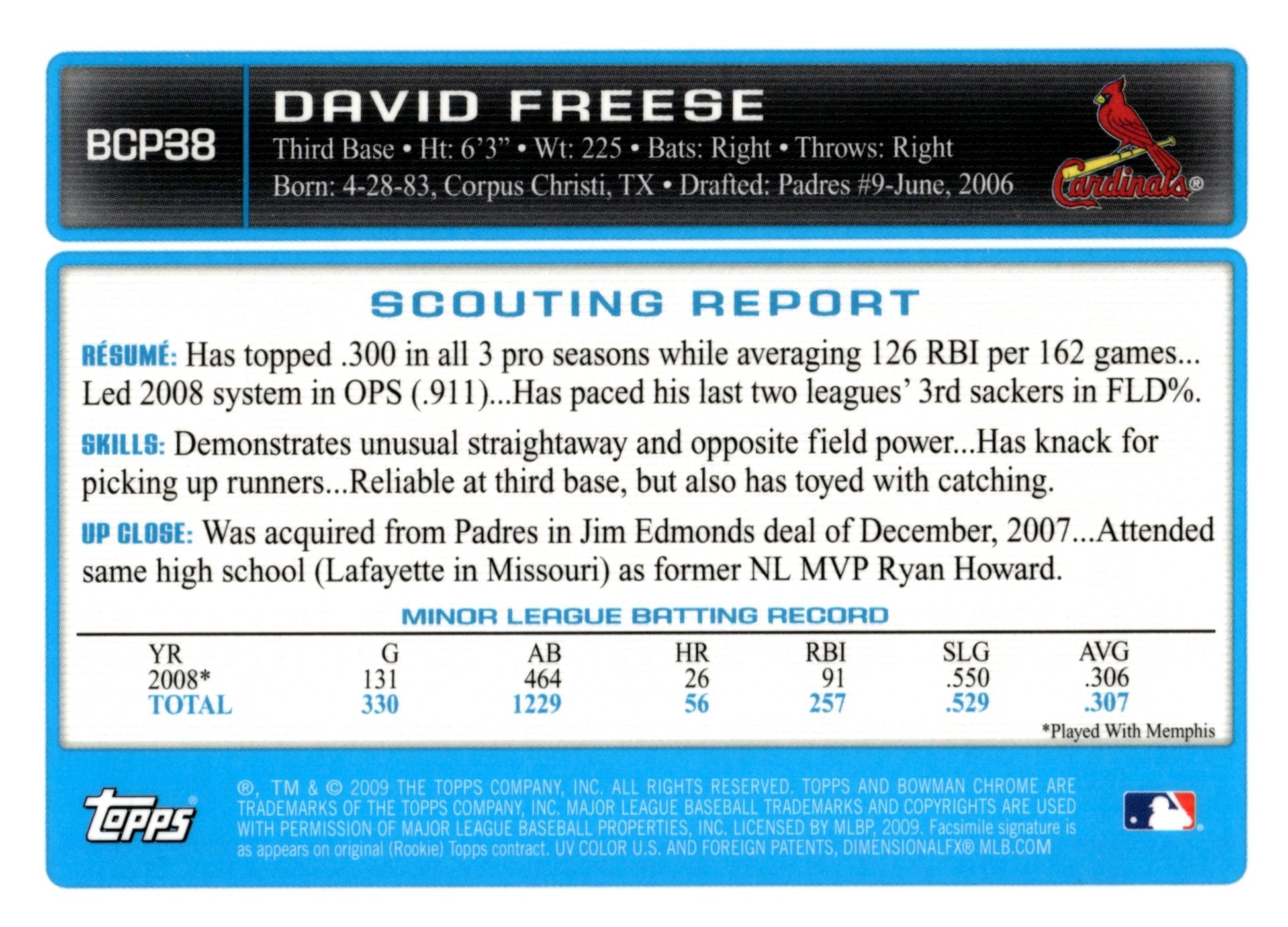 David Freese 2009 Bowman Chrome #BCP38 - Collector Store LLC