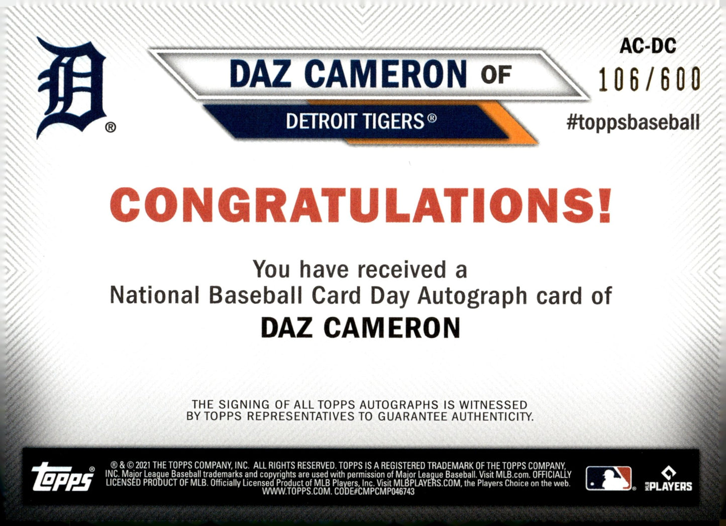 Daz Cameron 2021 Topps National Baseball Card Day RC Auto 106/600 #AC - DC - Collector Store LLC