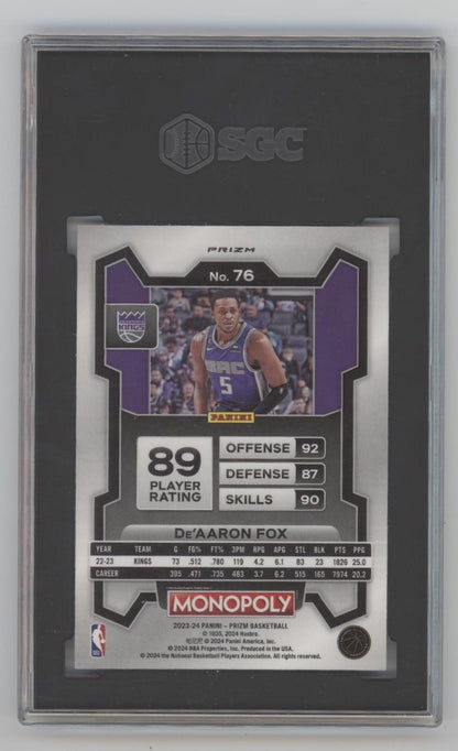 De'Aaron Fox 2023 - 24 Panini Prizm Monopoly Purple Prizm #76 SGC 9 - Collector Store LLC