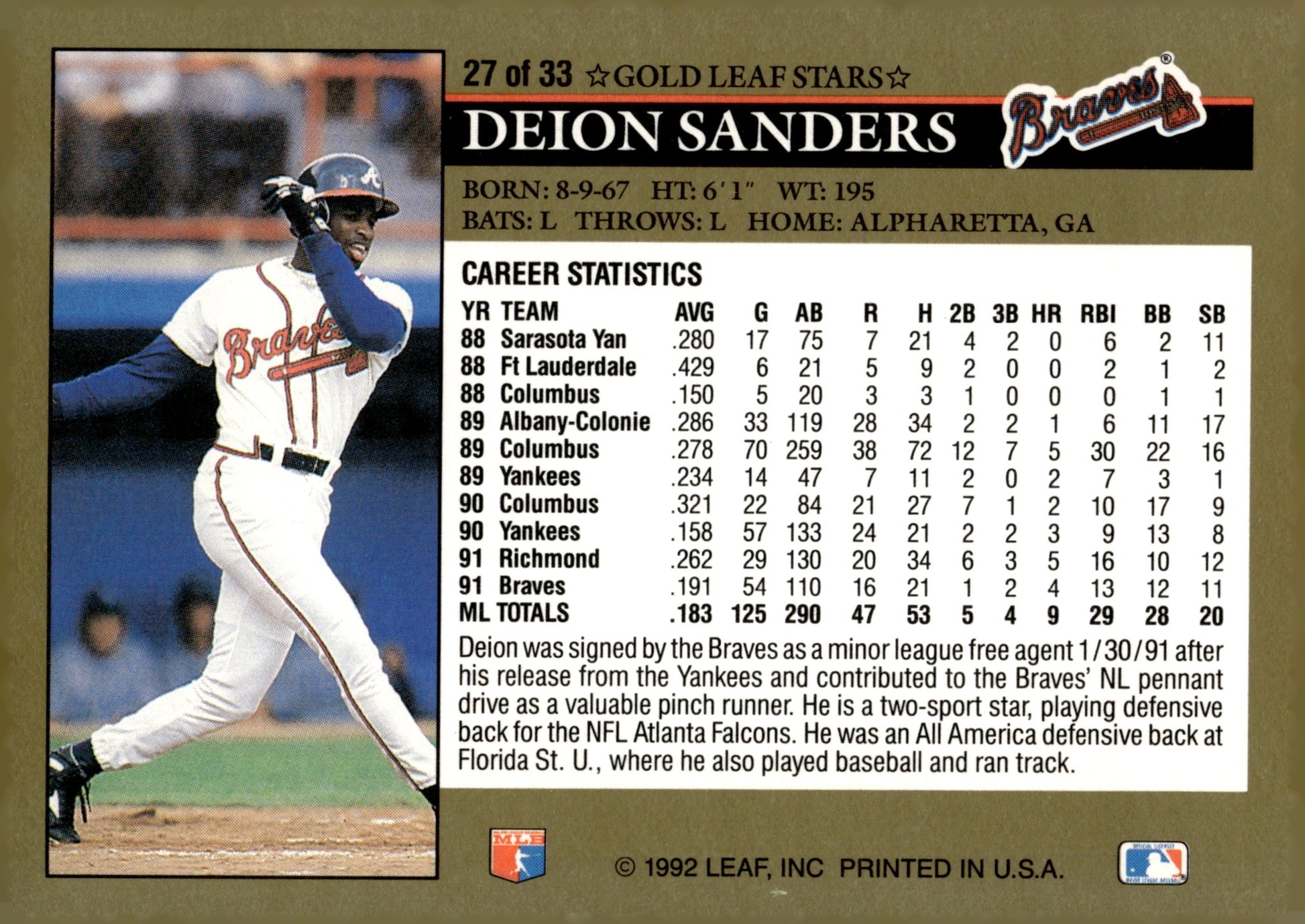 Deion Sanders 1992 Leaf 27 - Collector Store LLC