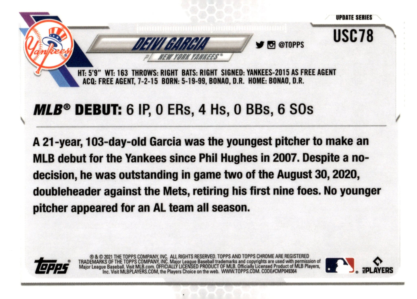Deivi Garcia 2021 Topps Chrome Pink Wave Refractor RC USC78 - Collector Store LLC