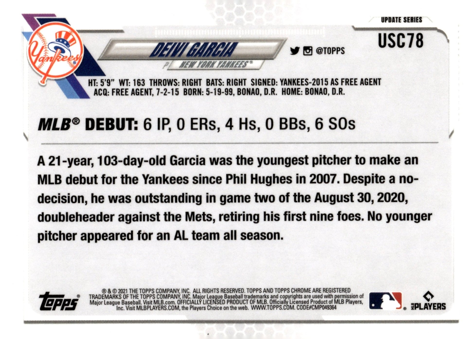 Deivi Garcia 2021 Topps Chrome Pink Wave Refractor RC USC78 - Collector Store LLC