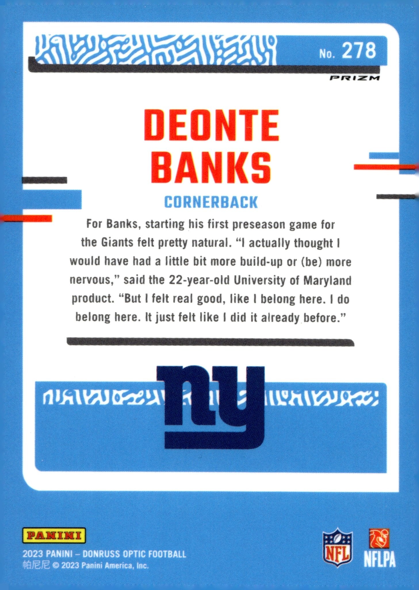 Deonte Banks 2023 Panini Donruss Optic Rated Rookie Prizm RC #278 - Collector Store LLC