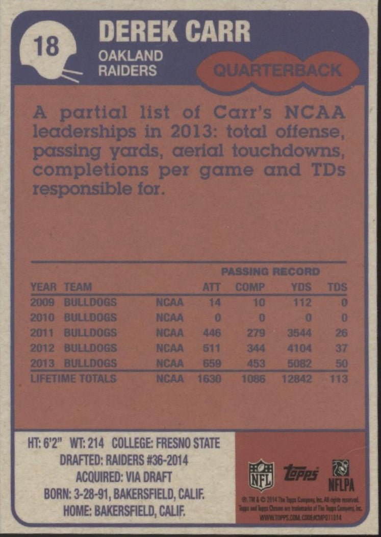 Derek Carr 2014 Topps Chrome Retro RC #18 #1 - Collector Store LLC