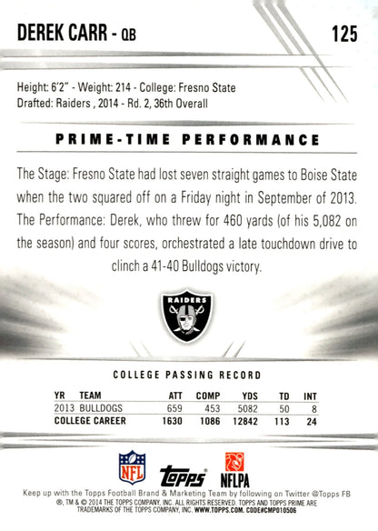 Derek Carr 2014 Topps Prime RC #125 - Collector Store LLC