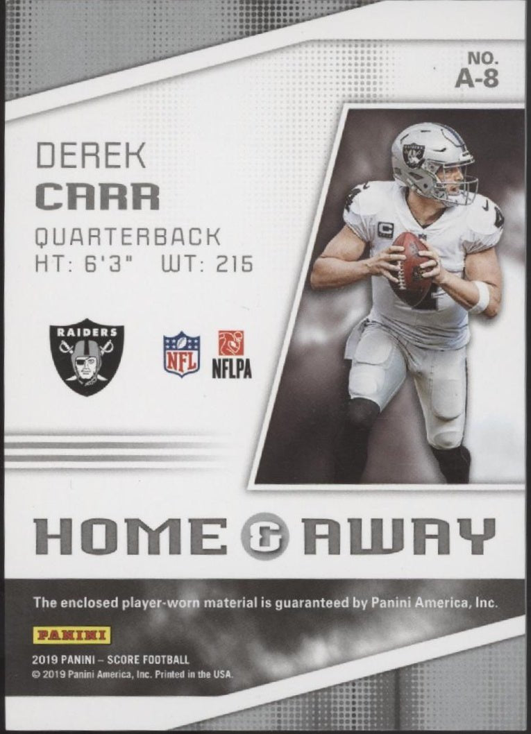 Derek Carr 2019 Panini Score Home & Away Swatch #A - 8 - Collector Store LLC