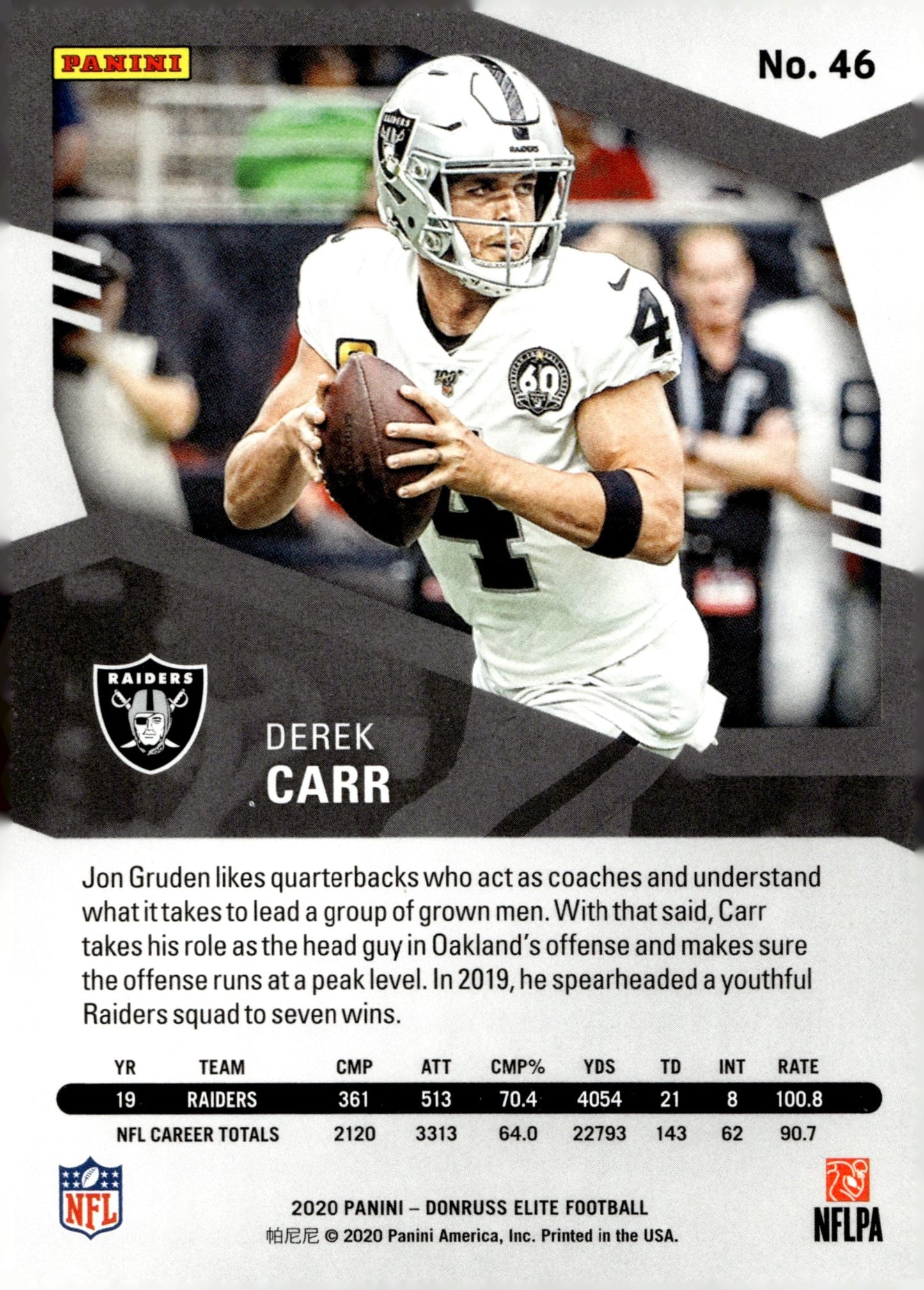 Derek Carr 2020 Panini Donruss Elite #46 - Collector Store LLC