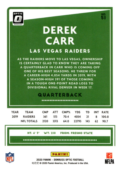 Derek Carr 2020 Panini Donruss Optic #51 - Collector Store LLC