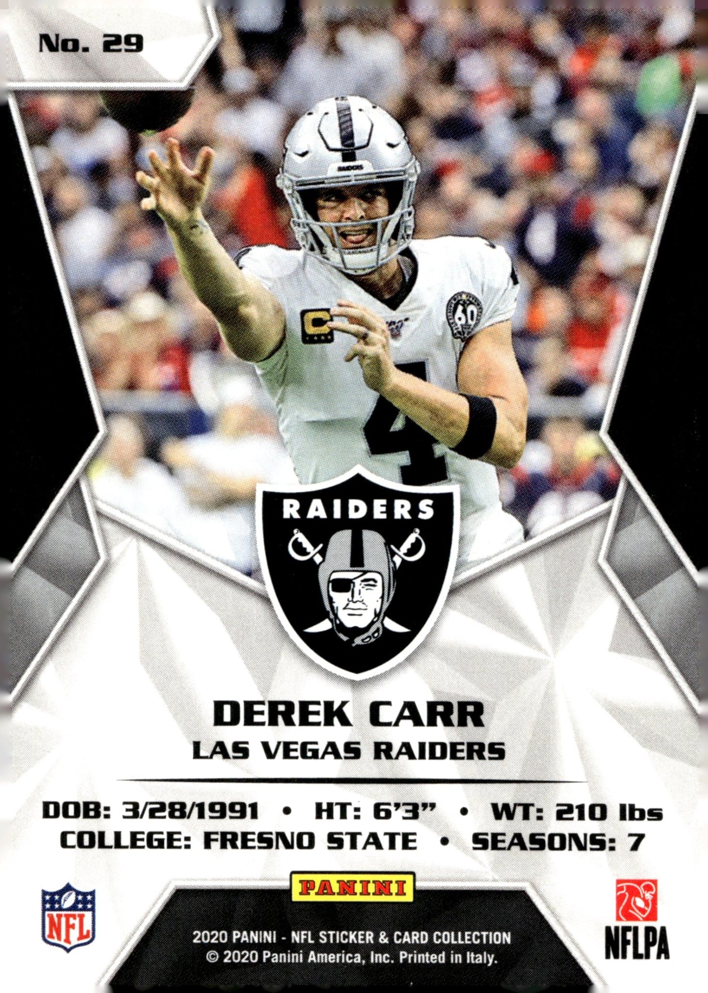 Derek Carr 2020 Panini NFL Sticker & Card Collection Blue 223/299 #29 - Collector Store LLC