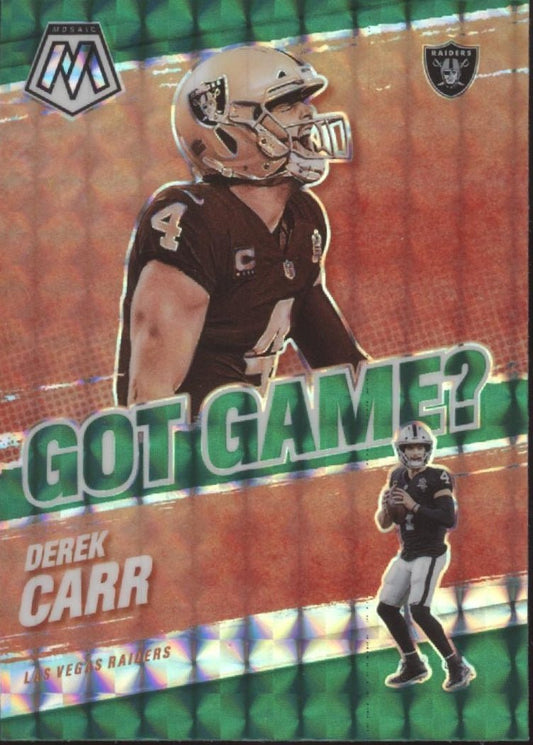 Derek Carr 2021 Panini Mosaic Got Game? Green Prizm #GG - 6 - Collector Store LLC