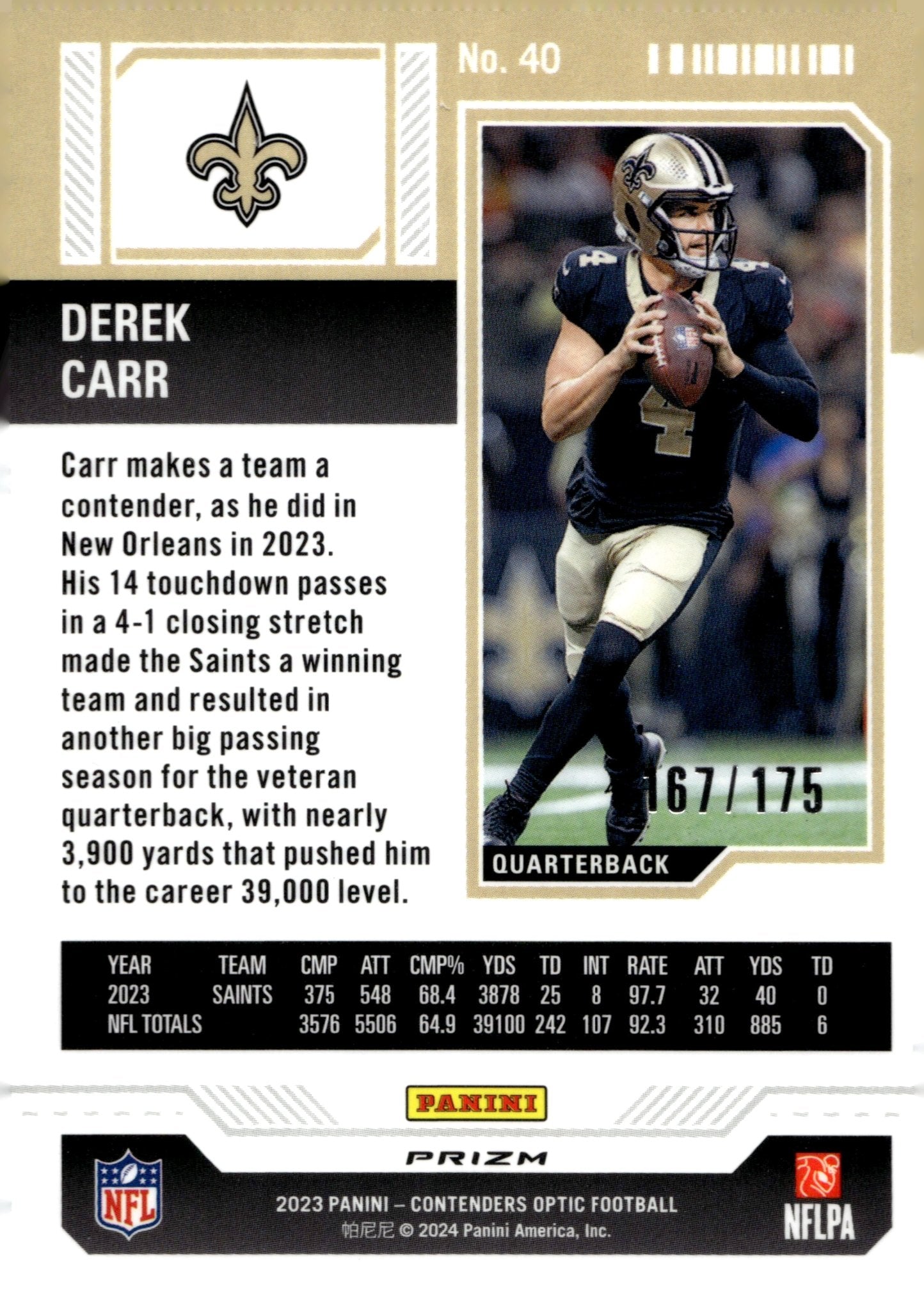 Derek Carr 2023 Panini Contenders Optic Season Ticket Red Prizm 167/175 #40 - Collector Store LLC