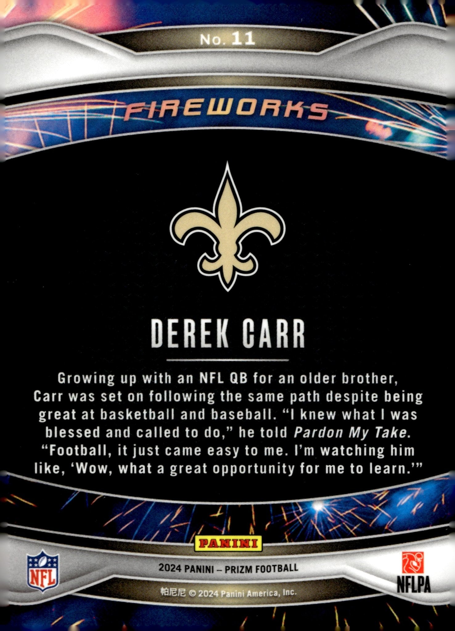 Derek Carr 2024 Panini Prizm Fireworks #11 - Collector Store LLC