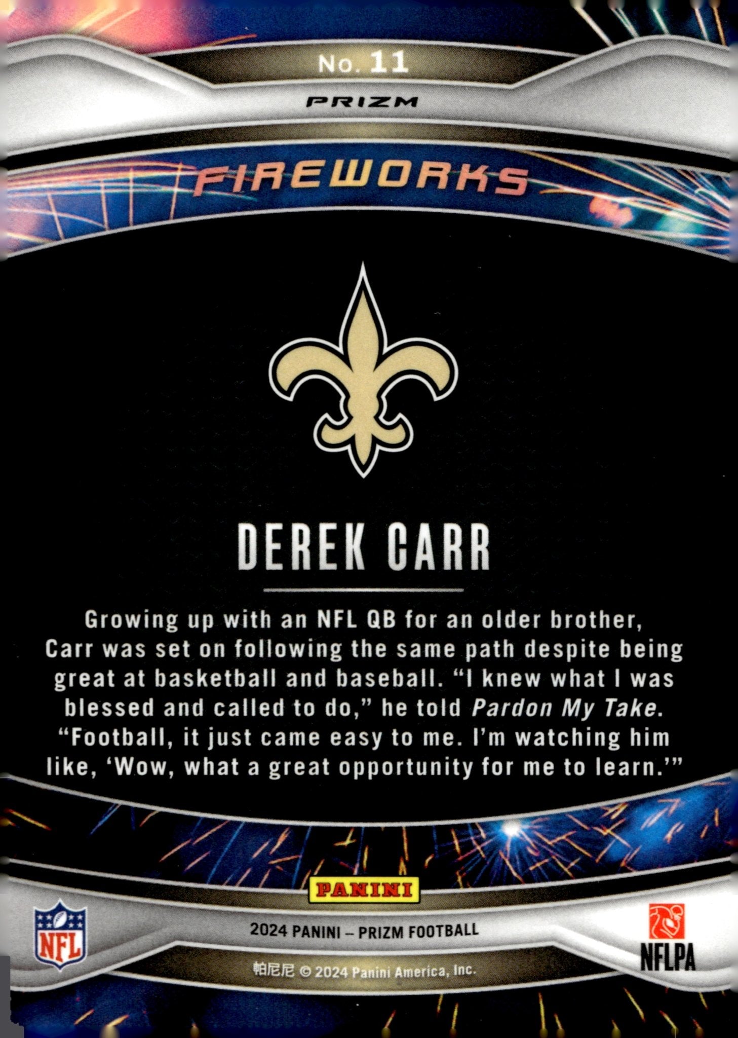 Derek Carr 2024 Panini Prizm Fireworks Green Prizm #11 - Collector Store LLC