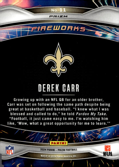 Derek Carr 2024 Panini Prizm Fireworks Green Prizm #11 - Collector Store LLC