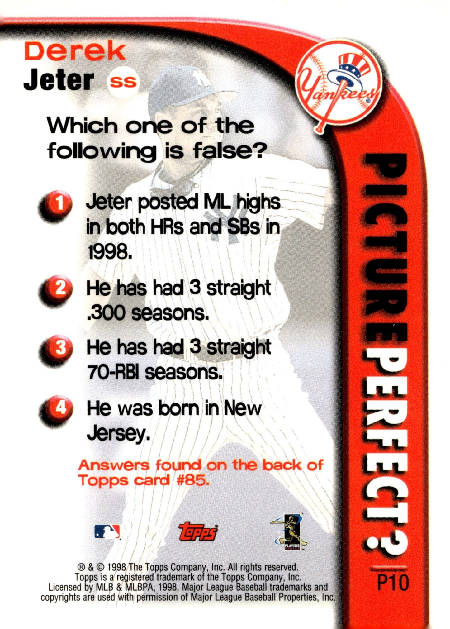Derek Jeter 1998 Topps Picture Perfect? P10 2 - Collector Store LLC