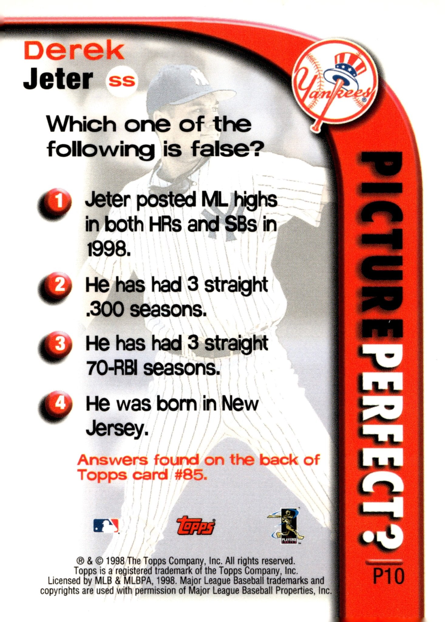 Derek Jeter 1998 Topps Picture Perfect? P10 2 - Collector Store LLC