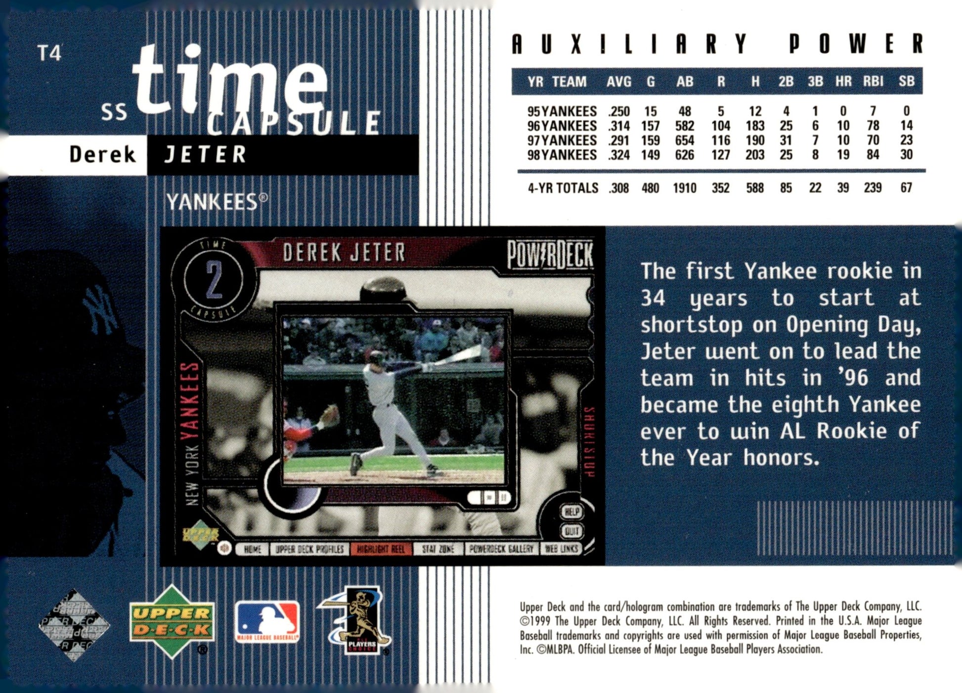 Derek Jeter 1999 Upper Deck Power Deck Time Capsule T4 - Collector Store LLC