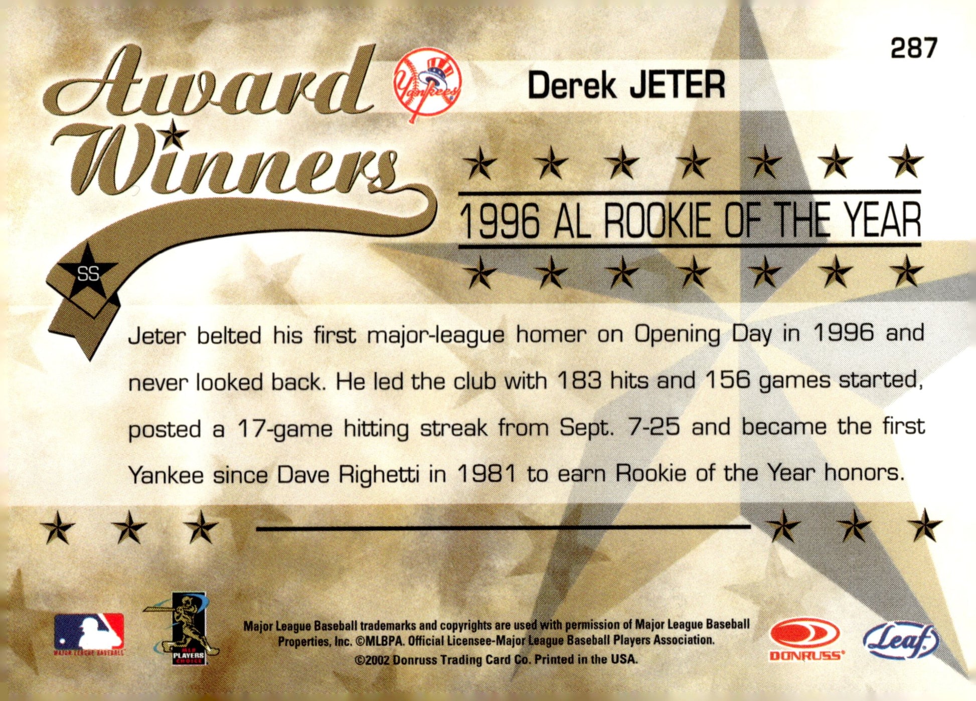 Derek Jeter 2002 Rookies & Stars Award Winners '96 AL Rookie of the Year 287 - Collector Store LLC