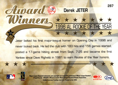 Derek Jeter 2002 Rookies & Stars Award Winners '96 AL Rookie of the Year 287 - Collector Store LLC