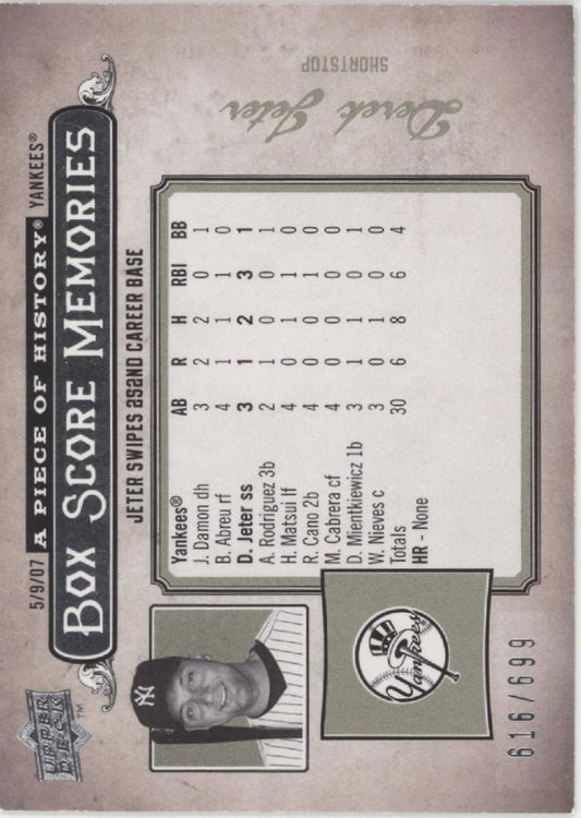 Derek Jeter 2008 Upper Deck A Piece of History Box Score Memories 616/699 - Collector Store LLC