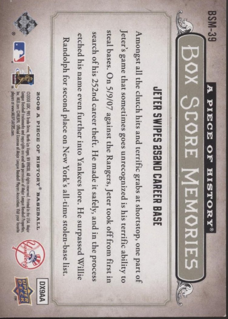 Derek Jeter 2008 Upper Deck A Piece of History Box Score Memories 616/699 - Collector Store LLC