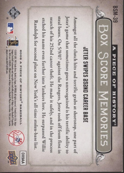 Derek Jeter 2008 Upper Deck A Piece of History Box Score Memories 616/699 - Collector Store LLC
