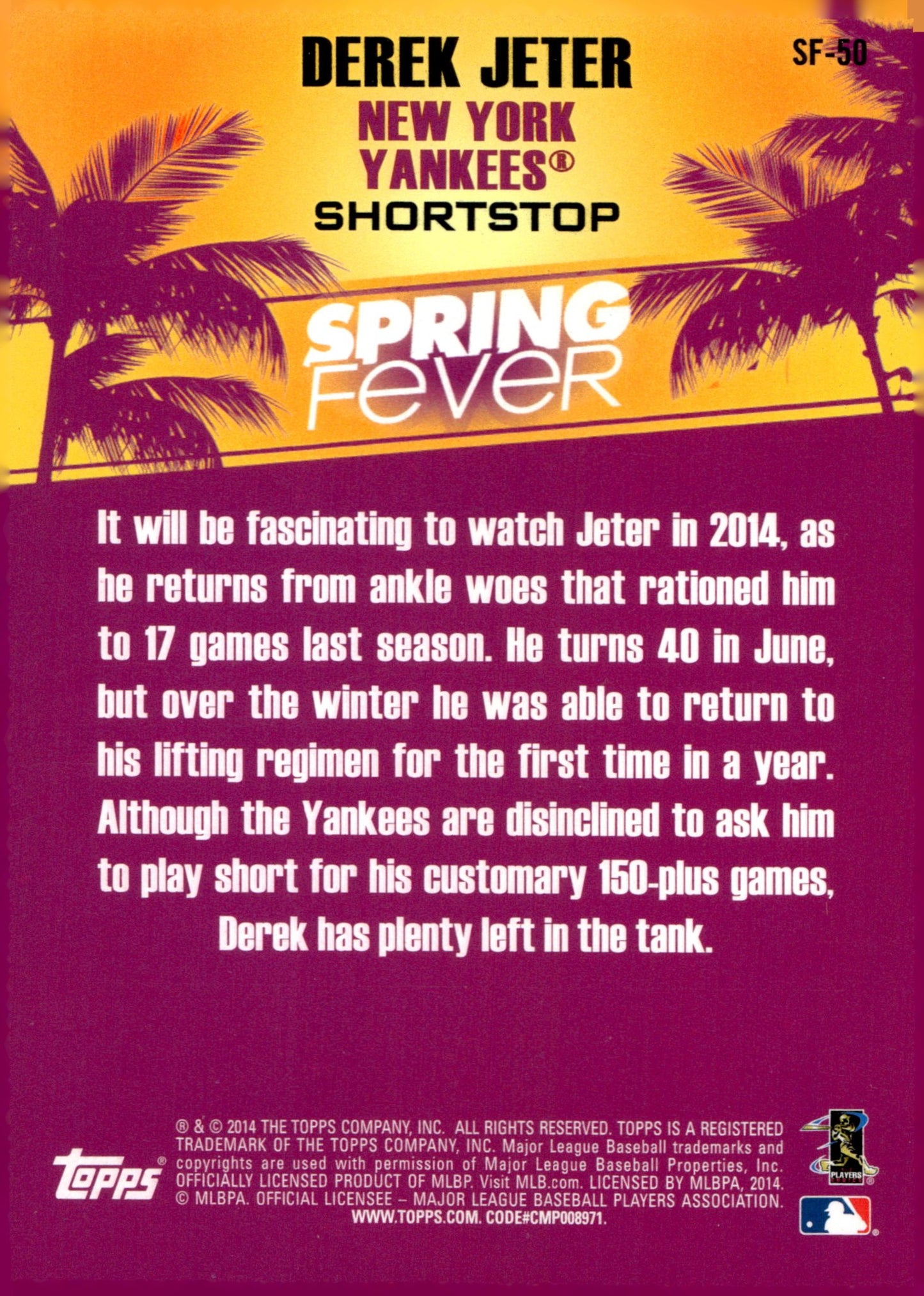 Derek Jeter 2014 Topps Spring Fever SF - 50 - Collector Store LLC
