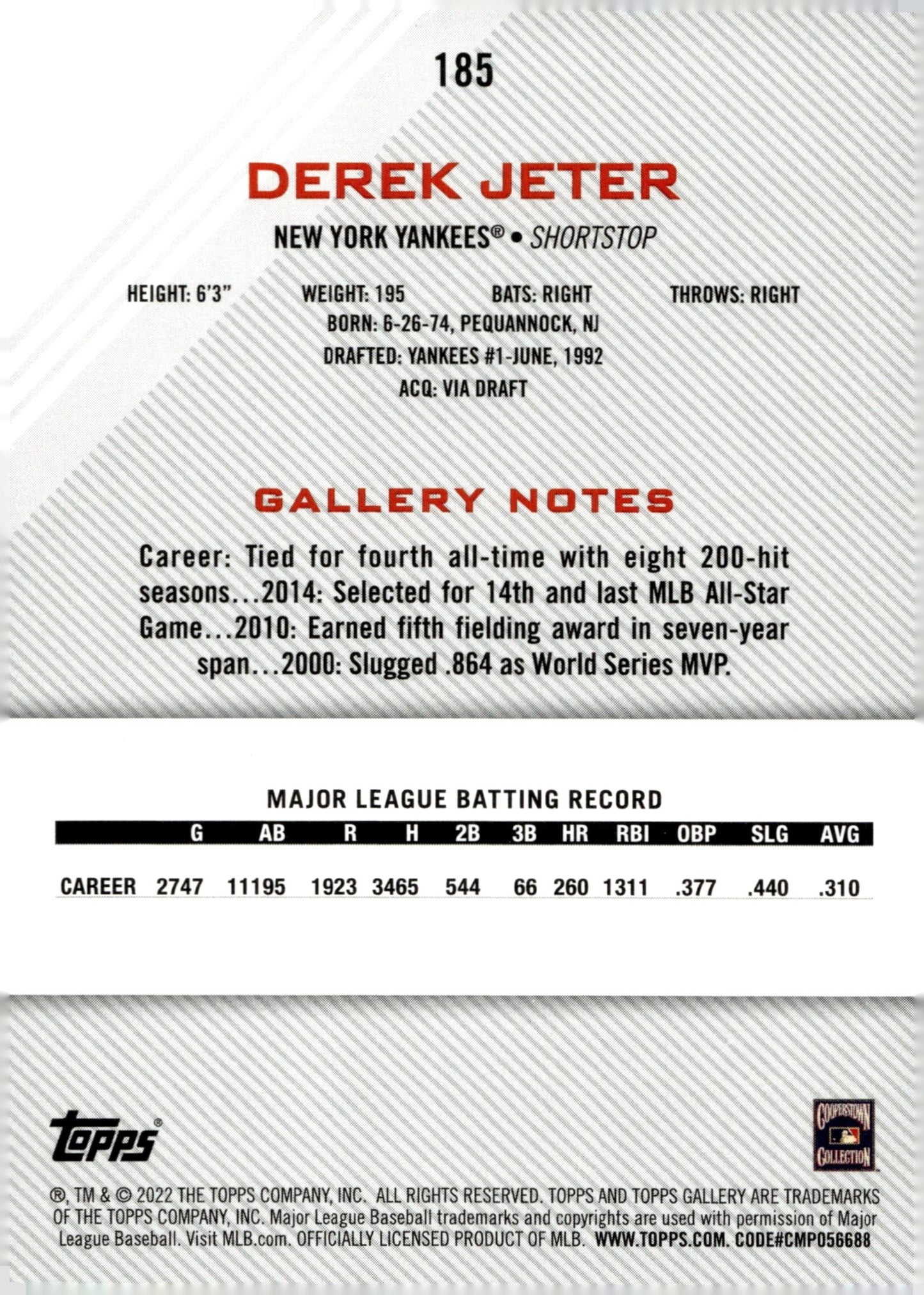 Derek Jeter 2022 Topps Gallery Foil #185 - Collector Store LLC